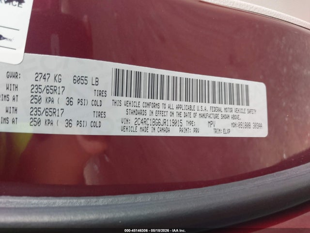 45146306 :رقم المزاد ، 2C4RC1BG6JR119015 vin ، 2018 Chrysler Pacifica Touring L مزاد بيع