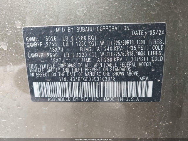 Aukcja sprzedaży 2025 Subaru Outback Touring Xt, vin: 4S4BTGPD9S3103318, numer aukcji: 45146325