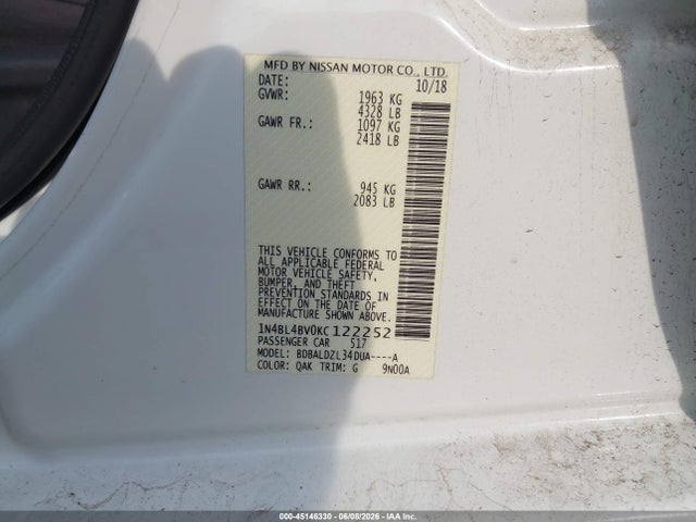Aukcja sprzedaży 2019 Nissan Altima 2.5 S, vin: 1N4BL4BV0KC122252, numer aukcji: 45146330