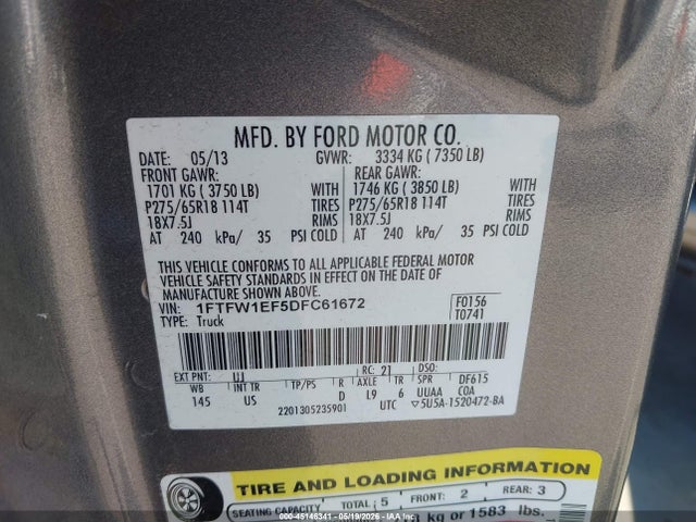 45146341 :رقم المزاد ، 1FTFW1EF5DFC61672 vin ، 2013 Ford F-150 Xlt مزاد بيع