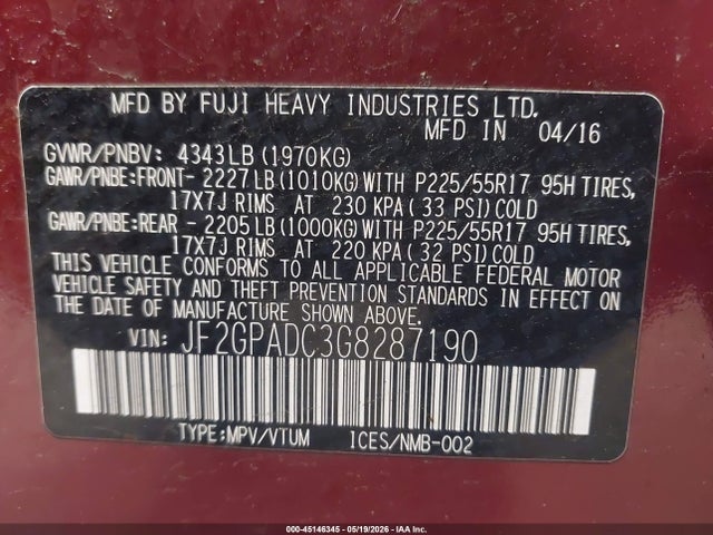 45146345 :رقم المزاد ، JF2GPADC3G8287190 vin ، 2016 Subaru Crosstrek 2.0i Premium مزاد بيع