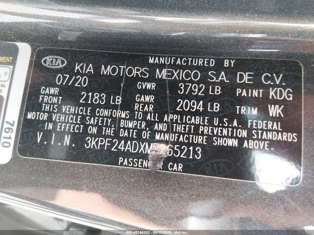 Продажа на аукционе авто 2021 Kia Forte Lxs, vin: 3KPF24ADXME265213, номер лота: 45146352