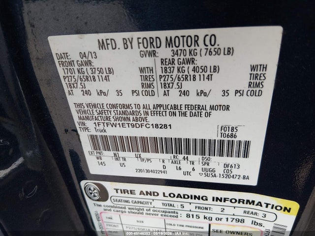 Продаж на аукціоні авто 2013 Ford F-150 Xlt, vin: 1FTFW1ET9DFC18281, номер лоту: 45146353