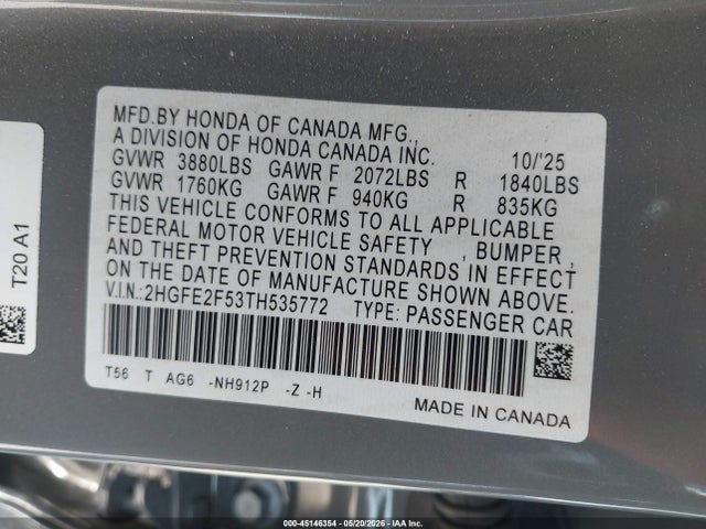 Honda Civic Sport 2026 2HGFE2F53TH535772 Image 9