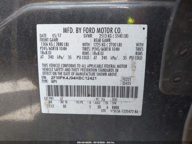 Aukcja sprzedaży 2017 Ford Edge Sel, vin: 2FMPK4J94HBC12421, numer aukcji: 45146356