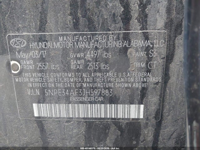 2018 Hyundai Sonata Sel მანქანა იყიდება აუქციონზე, vin: 5NPE34AF3JH597883, აუქციონის ნომერი: 45146370