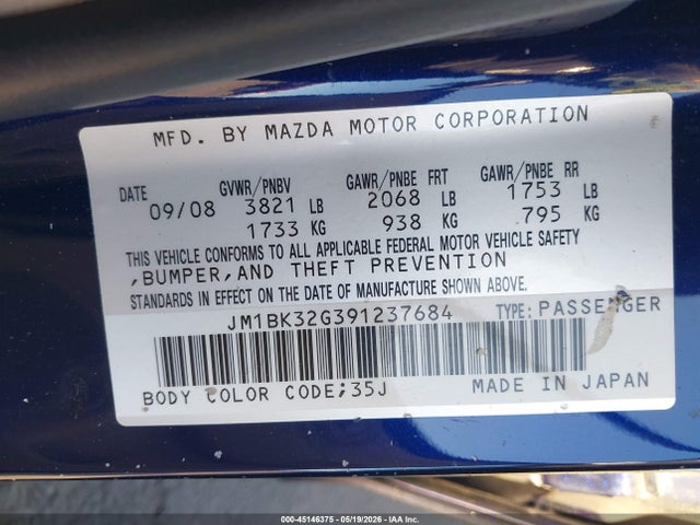 Продаж на аукціоні авто 2009 Mazda Mazda3 I, vin: JM1BK32G391237684, номер лоту: 45146375