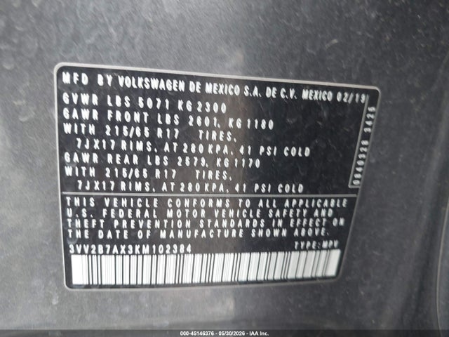 3VV2B7AX3KM102384 Volkswagen Tiguan 2.0t Se/2.0t Sel/2.0t Sel R-line/2.0t Sel R-line Black