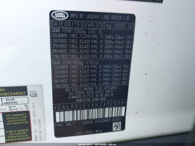 Aukcja sprzedaży 2019 Land Rover Discovery Hse, vin: SALRR2RV8K2412898, numer aukcji: 45146377