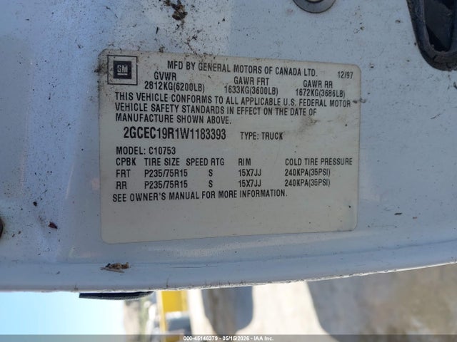 1998 Chevrolet C1500 Fleetside მანქანა იყიდება აუქციონზე, vin: 2GCEC19R1W1183393, აუქციონის ნომერი: 45146379