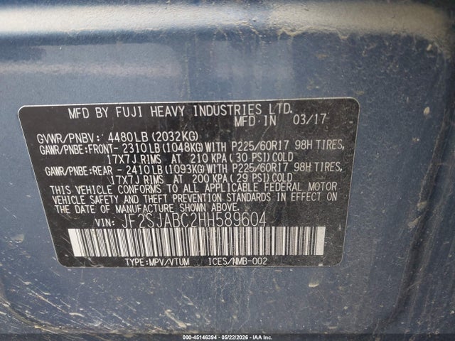 Продажа на аукционе авто 2017 Subaru Forester 2.5i, vin: JF2SJABC2HH589604, номер лота: 45146394