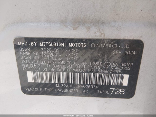Продаж на аукціоні авто 2024 Mitsubishi Mirage Es/le, vin: ML32AUHJ0RH026934, номер лоту: 45146395