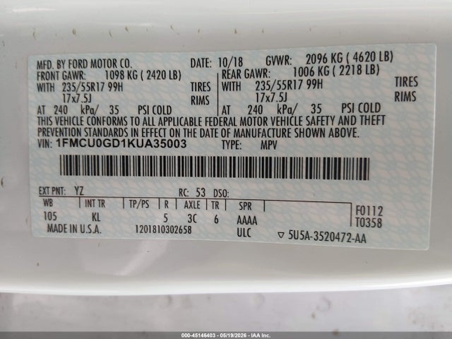 45146403 :رقم المزاد ، 1FMCU0GD1KUA35003 vin ، 2019 Ford Escape Se مزاد بيع