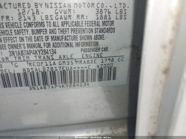 Aukcja sprzedaży 2019 Nissan Sentra Sv, vin: 3N1AB7AP4KY284134, numer aukcji: 45146407