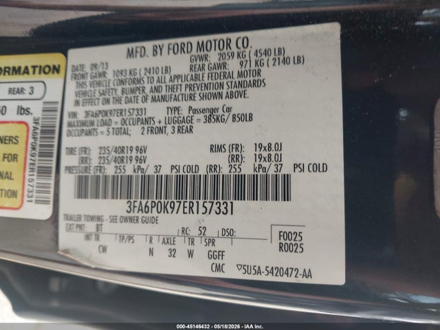 45146432 :رقم المزاد ، 3FA6P0K97ER157331 vin ، 2014 Ford Fusion Titanium مزاد بيع