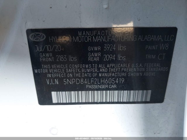 45146431 :رقم المزاد ، 5NPD84LF2LH605419 vin ، 2020 Hyundai Elantra Value Edition مزاد بيع