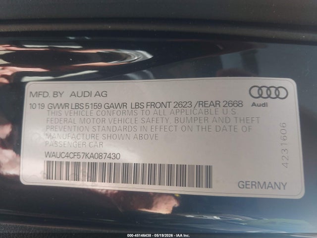 Продаж на аукціоні авто 2019 Audi S5 3.0t Premium, vin: WAUC4CF57KA087430, номер лоту: 45146438