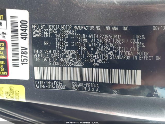 2013 Toyota Sienna Le V6 8 Passenger მანქანა იყიდება აუქციონზე, vin: 5TDKK3DC6DS405002, აუქციონის ნომერი: 45146454