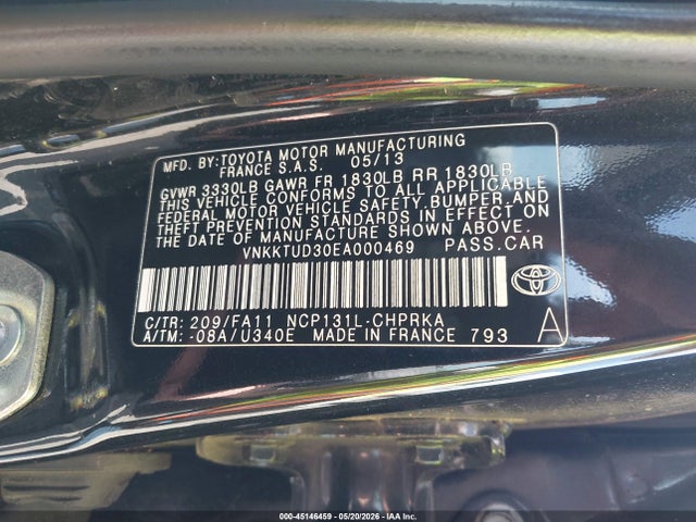 2014 Toyota Yaris Le (tmmf Plant) მანქანა იყიდება აუქციონზე, vin: VNKKTUD30EA000469, აუქციონის ნომერი: 45146459