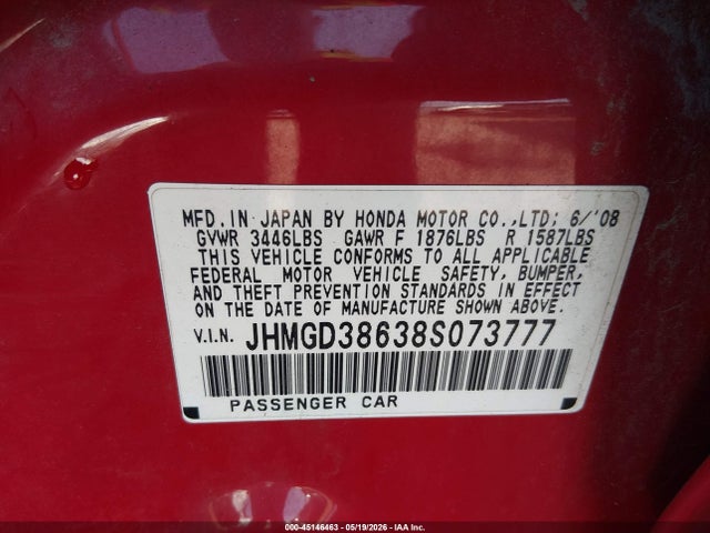 Aukcja sprzedaży 2008 Honda Fit Sport, vin: JHMGD38638S073777, numer aukcji: 45146463