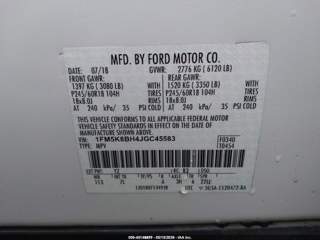 Aukcja sprzedaży 2018 Ford Explorer, vin: 1FM5K8BH4JGC45583, numer aukcji: 45146477