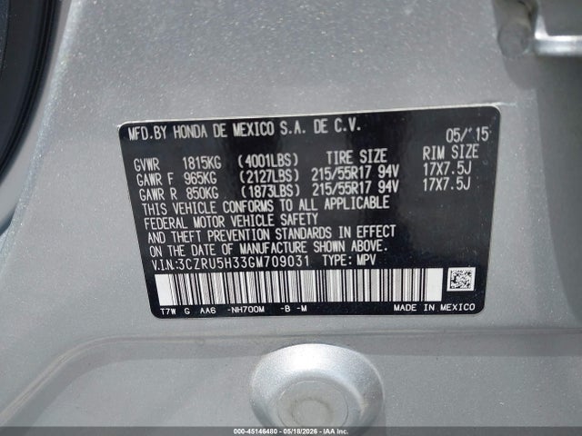 2016 Honda Hr-v Lx მანქანა იყიდება აუქციონზე, vin: 3CZRU5H33GM709031, აუქციონის ნომერი: 45146480