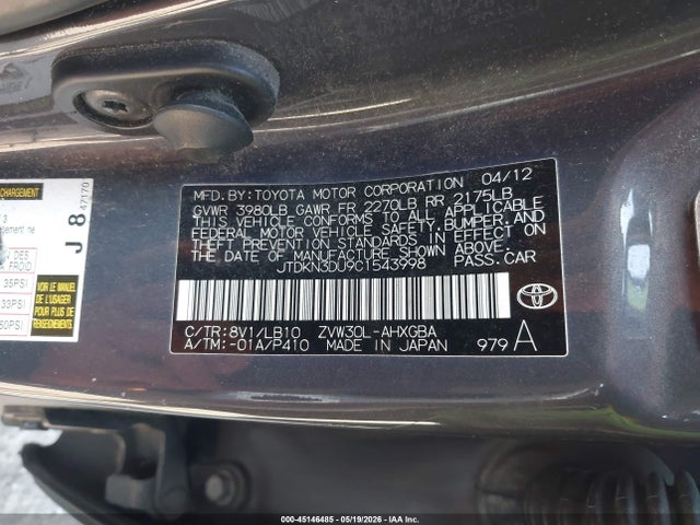 Auction sale of the 2012 Toyota Prius Four, vin: JTDKN3DU9C1543998, lot number: 45146485