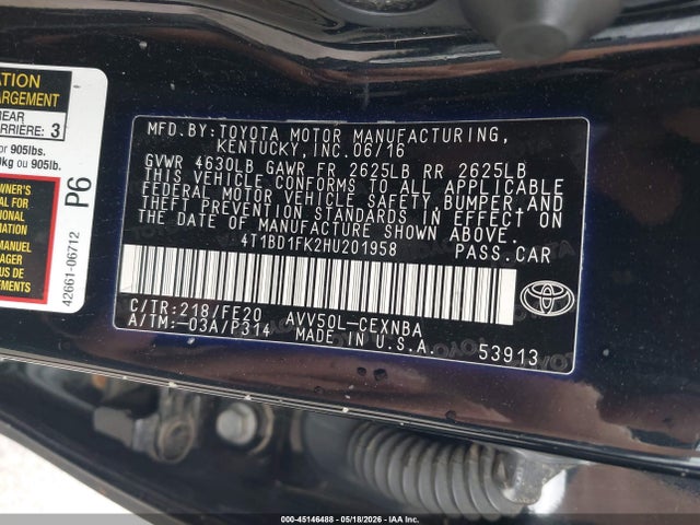 4T1BD1FK2HU201958 Toyota Camry Hybrid Le