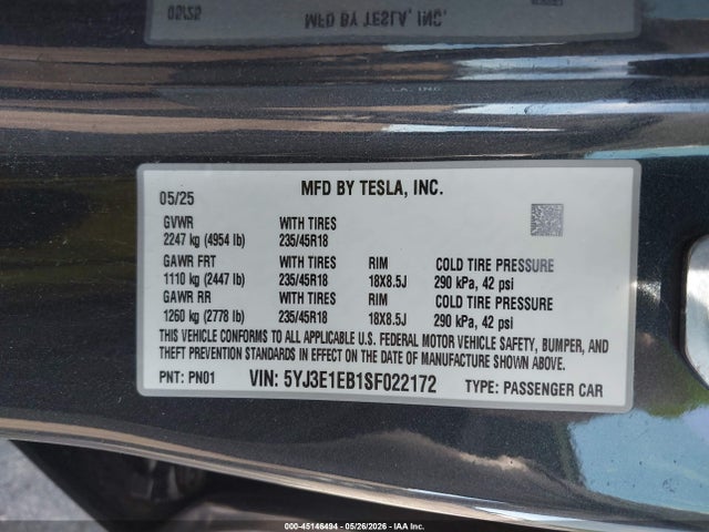 2025 Tesla Model 3 Long Range All-wheel Drive მანქანა იყიდება აუქციონზე, vin: 5YJ3E1EB1SF022172, აუქციონის ნომერი: 45146494