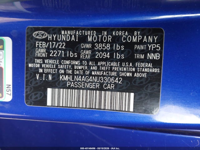 Aukcja sprzedaży 2022 Hyundai Elantra Sel, vin: KMHLN4AG4NU330642, numer aukcji: 45146496