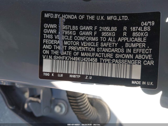 Aukcja sprzedaży 2019 Honda Civic Sport, vin: SHHFK7H49KU420458, numer aukcji: 45146501