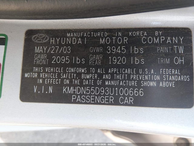 2003 Hyundai Elantra Gt მანქანა იყიდება აუქციონზე, vin: KMHDN55D93U100666, აუქციონის ნომერი: 45146503