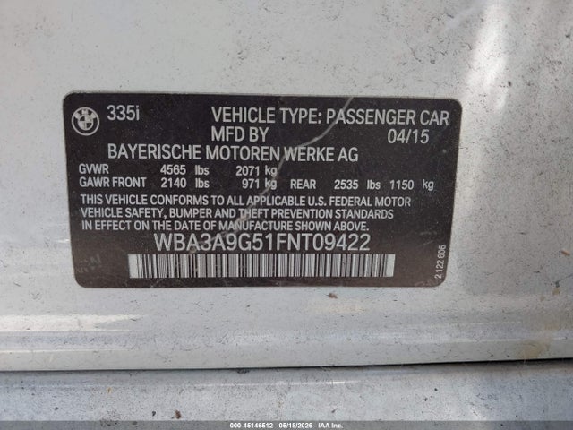 2015 Bmw 335i მანქანა იყიდება აუქციონზე, vin: WBA3A9G51FNT09422, აუქციონის ნომერი: 45146512