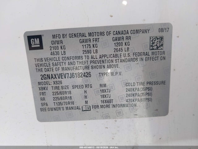Продаж на аукціоні авто 2018 Chevrolet Equinox Premier, vin: 2GNAXVEV7J6182426, номер лоту: 45146513