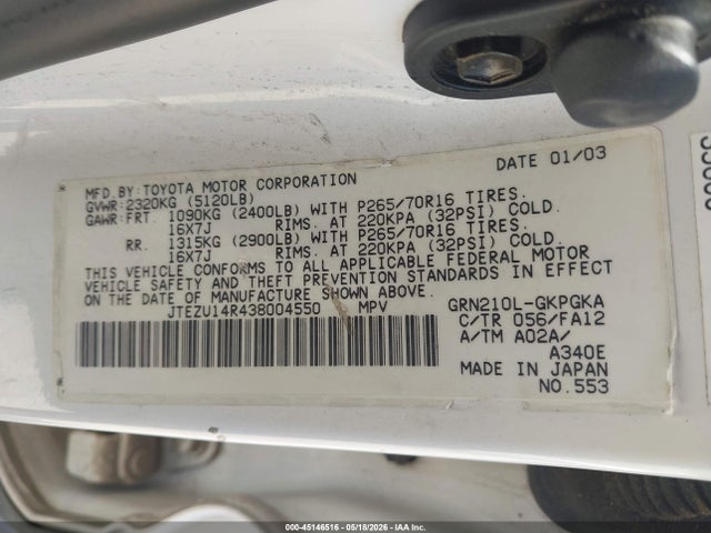 Продаж на аукціоні авто 2003 Toyota 4runner Sr5 V6, vin: JTEZU14R438004550, номер лоту: 45146516