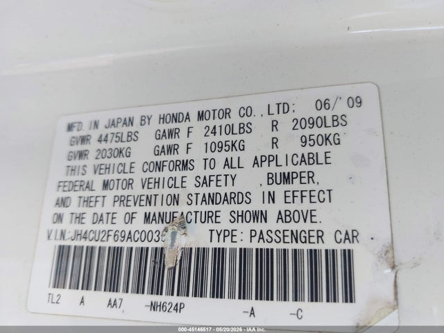 45146517 :رقم المزاد ، JH4CU2F69AC003874 vin ، 2010 Acura Tsx 2.4 مزاد بيع