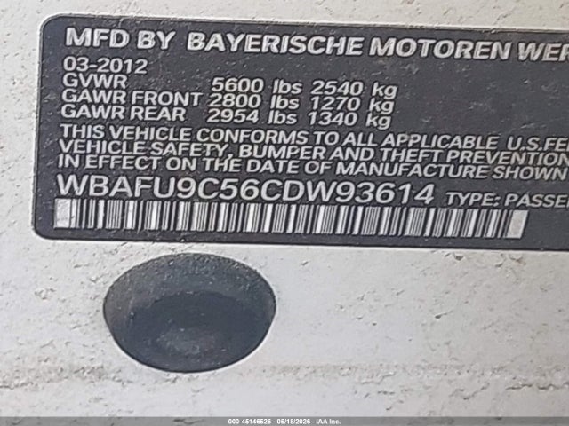2012 Bmw 550i Xdrive მანქანა იყიდება აუქციონზე, vin: WBAFU9C56CDW93614, აუქციონის ნომერი: 45146526