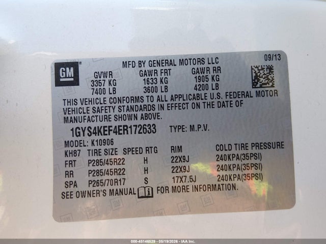 45146529 :رقم المزاد ، 1GYS4KEF4ER172633 vin ، 2014 Cadillac Escalade Esv Platinum Edition مزاد بيع