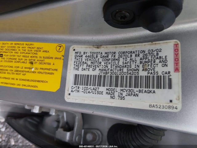2002 Lexus Es 300 მანქანა იყიდება აუქციონზე, vin: JTHBF30G120054205, აუქციონის ნომერი: 45146531