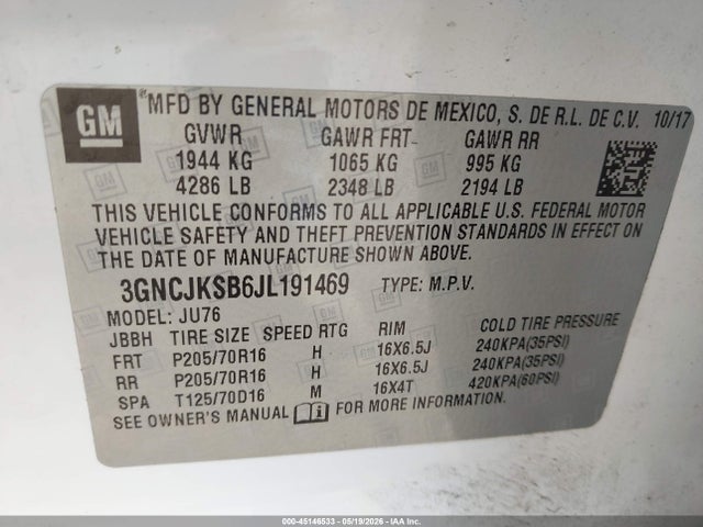 Продажа на аукционе авто 2018 Chevrolet Trax Ls, vin: 3GNCJKSB6JL191469, номер лота: 45146533