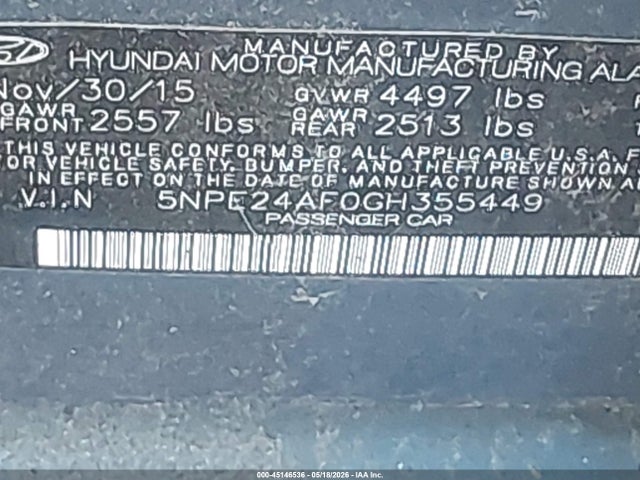 45146536 :رقم المزاد ، 5NPE24AF0GH355449 vin ، 2016 Hyundai Sonata Se مزاد بيع