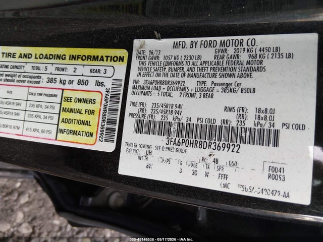 Aukcja sprzedaży 2013 Ford Fusion Se, vin: 3FA6P0HR8DR369922, numer aukcji: 45146538