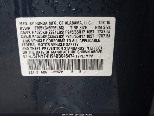 Продажа на аукционе авто 2011 Honda Pilot Touring, vin: 5FNYF4H94BB045474, номер лота: 45146550