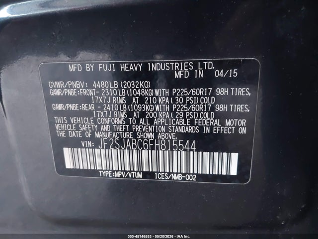 Aukcja sprzedaży 2015 Subaru Forester 2.5i, vin: JF2SJABC6FH815544, numer aukcji: 45146553