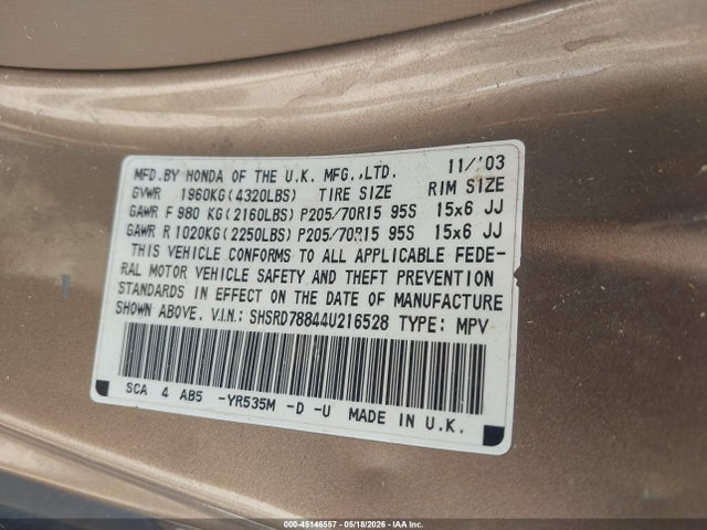 2004 Honda Cr-v Ex მანქანა იყიდება აუქციონზე, vin: SHSRD78844U216528, აუქციონის ნომერი: 45146557