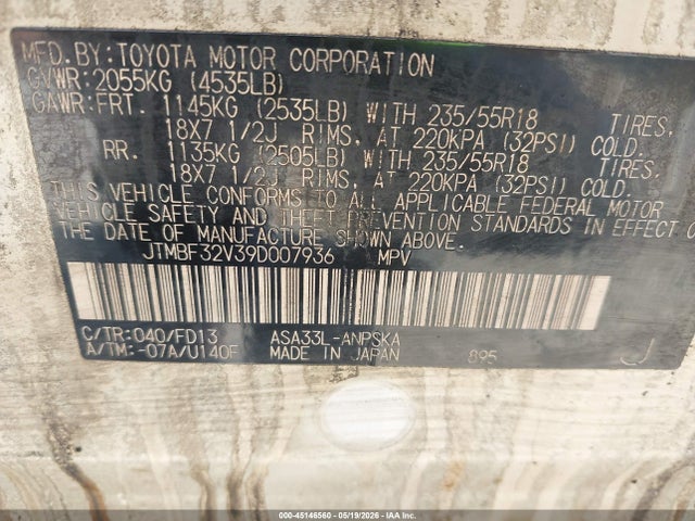 Aukcja sprzedaży 2009 Toyota Rav4 Sport, vin: JTMBF32V39D007936, numer aukcji: 45146560