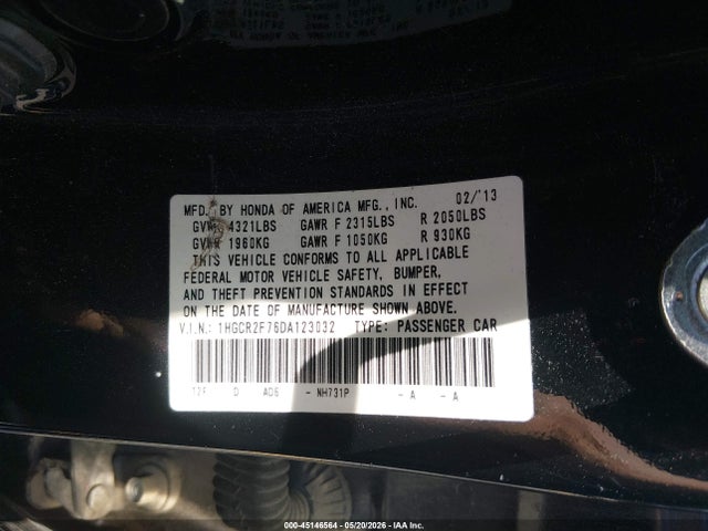 45146564 :رقم المزاد ، 1HGCR2F76DA123032 vin ، 2013 Honda Accord Ex مزاد بيع
