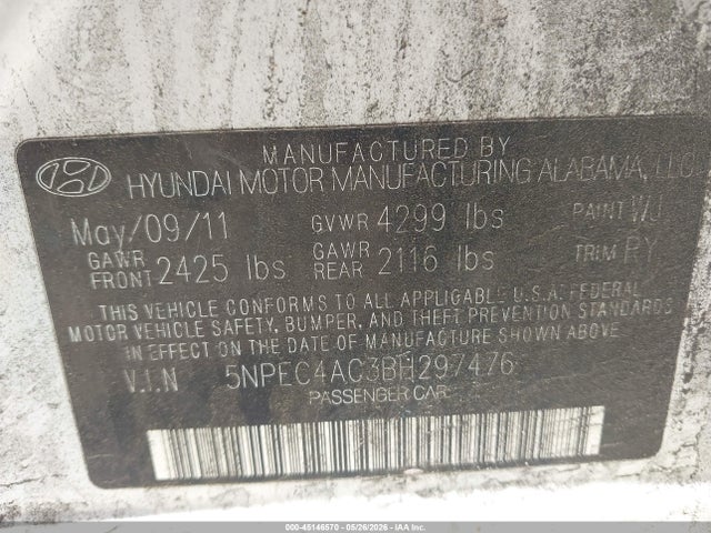 Продаж на аукціоні авто 2011 Hyundai Sonata Se, vin: 5NPEC4AC3BH297476, номер лоту: 45146570