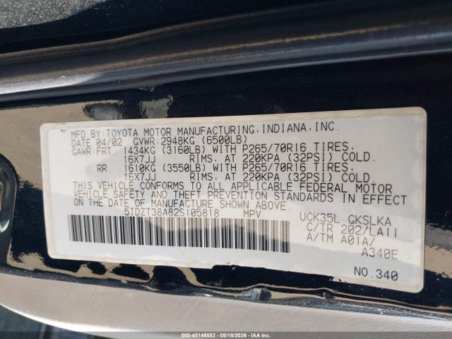 Aukcja sprzedaży 2002 Toyota Sequoia Limited V8, vin: 5TDZT38A82S105818, numer aukcji: 45146582