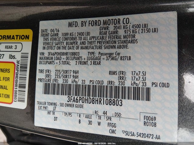 Aukcja sprzedaży 2017 Ford Fusion Se, vin: 3FA6P0HD8HR108803, numer aukcji: 45146590